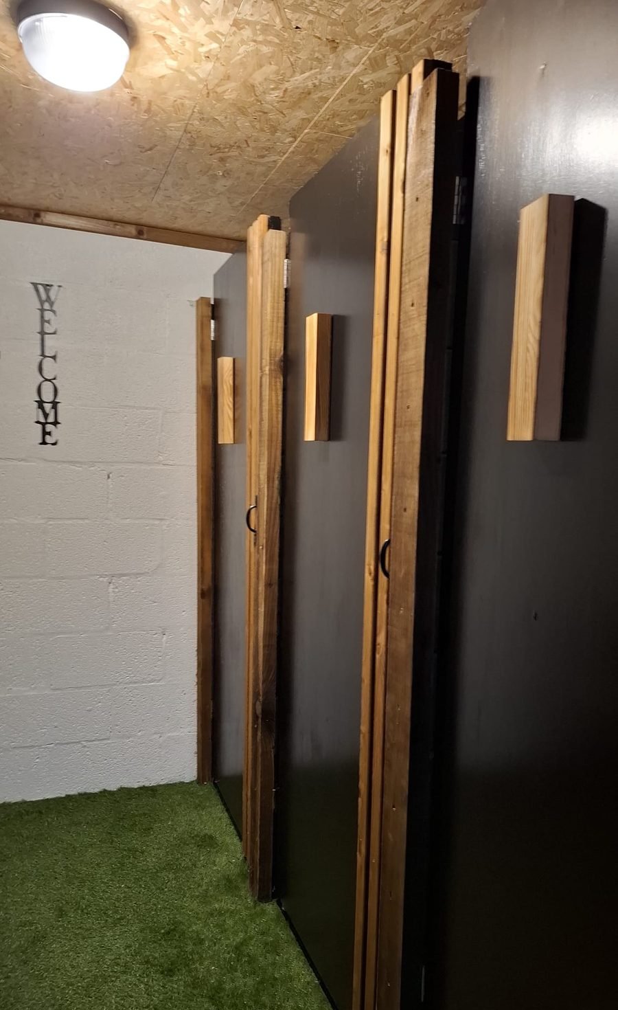Changing room stalls at B & M Saunas